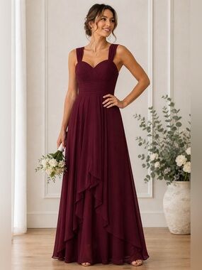 JJ's House Chiffon A-Line Cabernet floor length Bridesmaid Dress size 2